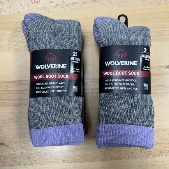Wolverine Women's Wool Boot Socks sz M 6-9 Grey/Purple 2 Packs, 4 Pairs Total - Picture 1 of 5